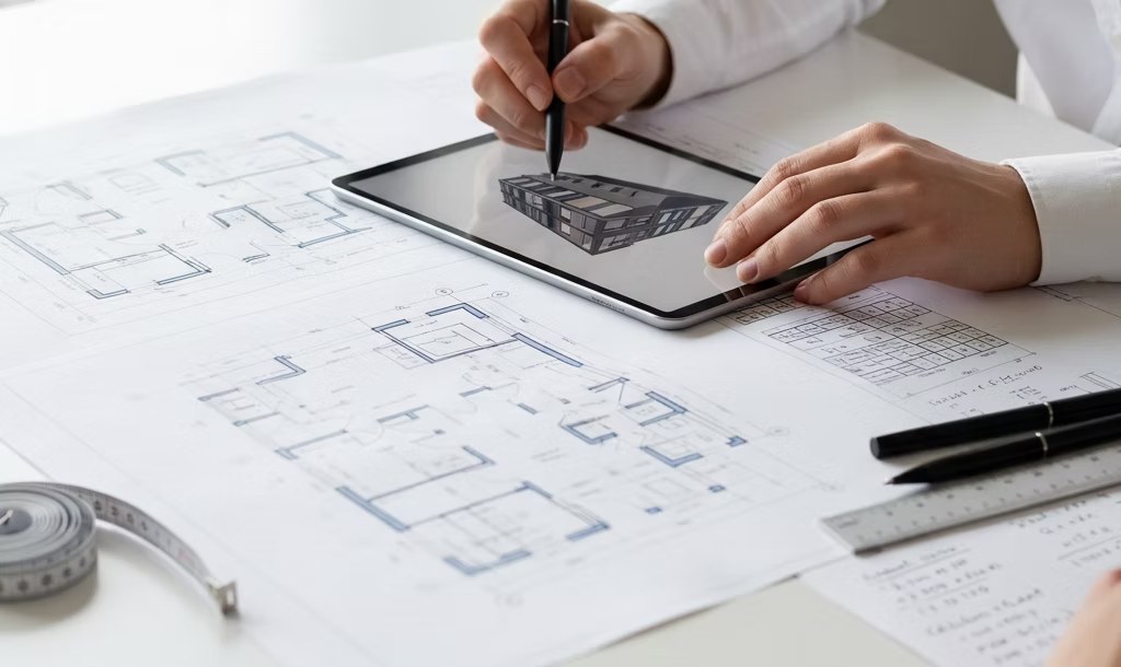 Plans architecturaux et tablette numérique